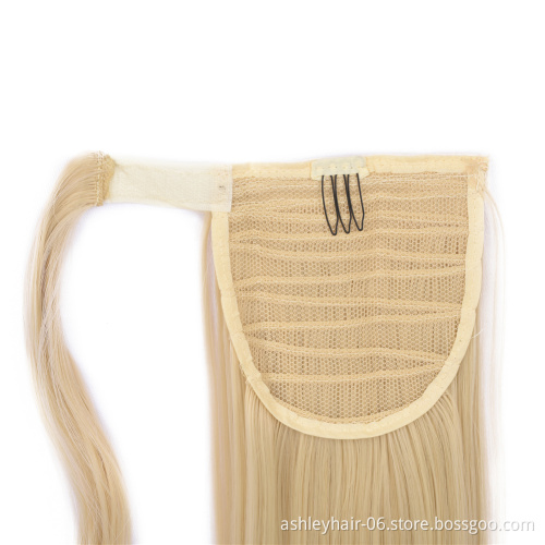 Factory wholesale synthetic 26" 66cm wrap around ponytail pony tails straight instant wrap extensions yaki ponytail hair